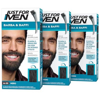 Just for men Barba & Baffi, Tinta Per Barba Uomo, Tintura Senza Ammoniaca, Elimina I Peli Grigi, Con Pettine Applicatore, Colore Nero, M55 (3 Pack) Just for men Barba & Baffi, Tinta Per Barba Uomo, Tintura Senza Ammoniaca, Elimina I Peli Grigi, Con Pettine Applicatore, Colore Nero, M55 (3 Pack)