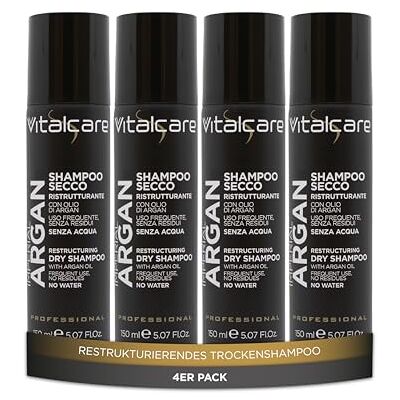 Vitalcare Imperial Argan – Restrukturierendes Trockenshampoo mit Arganöl, belebt und stärkt das Haar ohne Wasser, 4 Flaschen à 150 ml Vitalcare Imperial Argan – Restrukturierendes Trockenshampoo mit Arganöl, belebt und stärkt das Haar ohne Wasser, 4 Flaschen à 150 ml