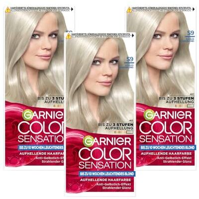 Garnier Color Sensation Permanente Haarfarbe S9 Kühles Silberblond 100% Grauabdeckung 10 Wochen Farbergebnis Geschmeidigeres Haar voller Glanz Garnier Color Sensation Permanente Haarfarbe S9 Kühles Silberblond 100% Grauabdeckung 10 Wochen Farbergebnis Geschmeidigeres Haar voller Glanz