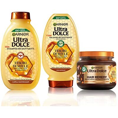 Garnier Ultra Süße Routine Komplette Schätze von Honig, Set mit Shampoo + Conditioner + Maske, ideal für beschädigtes Haar, mit Akazienhonig und Bienenwachs Garnier Ultra Süße Routine Komplette Schätze von Honig, Set mit Shampoo + Conditioner + Maske, ideal für beschädigtes Haar, mit Akazienhonig und Bienenwachs