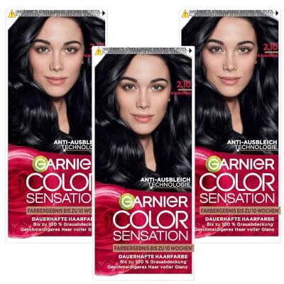 Garnier Color Sensation Permanente Haarfarbe 2.1 Blauschwarz 100% Grauabdeckung 10 Wochen Farbergebnis Geschmeidigeres Haar voller Glanz Garnier Color Sensation Permanente Haarfarbe 2.1 Blauschwarz 100% Grauabdeckung 10 Wochen Farbergebnis Geschmeidigeres Haar voller Glanz