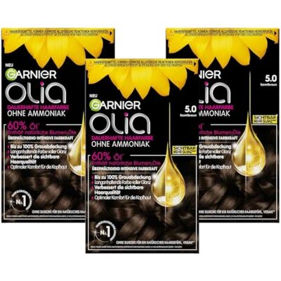 Garnier Olia Dauerhafte Haarfarbe 5.0 Samtbraun, ohne Ammoniak, permanente Coloration, bis zu 100% Grauabdeckung, langanhaltende Farbe bis zu 8 Wochen, intensiver Glanz, 3 x 1 Stück Garnier Olia Dauerhafte Haarfarbe 5.0 Samtbraun, ohne Ammoniak, permanente Coloration, bis zu 100% Grauabdeckung, langanhaltende Farbe bis zu 8 Wochen, intensiver Glanz, 3 x 1 Stück