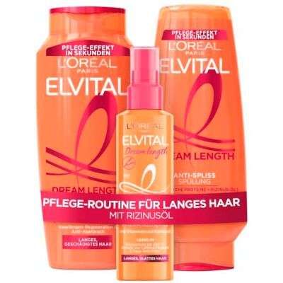 L'Oreal Paris L'Oréal Paris Elvital Haarpflege-Routine für langes und geschädigtes Haar Dream Length Set mit Shampoo 300ml, Spülung 250ml und Hitzeschutzspray 150ml, Formel mit Rizinusöl L'Oreal Paris L'Oréal Paris Elvital Haarpflege-Routine für langes und geschädigtes Haar Dream Length Set mit Shampoo 300ml, Spülung 250ml und Hitzeschutzspray 150ml, Formel mit Rizinusöl