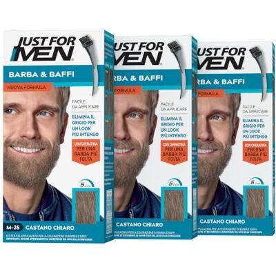 Just for men Barba & Baffi, Tinta Per Barba Uomo, Tintura Senza Ammoniaca, Elimina I Peli Grigi, Con Pettine Applicatore, Colore Castano Chiaro, M25 (3 Pack) Just for men Barba & Baffi, Tinta Per Barba Uomo, Tintura Senza Ammoniaca, Elimina I Peli Grigi, Con Pettine Applicatore, Colore Castano Chiaro, M25 (3 Pack)