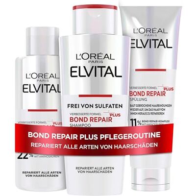 L'Oreal Paris L'Oréal Paris Elvital Bond Repair Plus Routine zur Haarreparatur mit Pre-Shampoo, Shampoo & Spülung, Bundle, Schutz für weniger Haarbruch & mehr Glanz, mit Bond-Repair-Komplex & Aminosäuren, 3-teilig L'Oreal Paris L'Oréal Paris Elvital Bond Repair Plus Routine zur Haarreparatur mit Pre-Shampoo, Shampoo & Spülung, Bundle, Schutz für weniger Haarbruch & mehr Glanz, mit Bond-Repair-Komplex & Aminosäuren, 3-teilig
