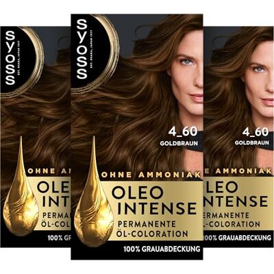 Syoss Oleo Intense Öl-Coloration 4-60 Goldbraun (3x130 ml), dauerhafte Haarfarbe mit pflegendem Öl schützt vor Haarschäden, für 100% Grauabdeckung, Coloration ohne Ammoniak Syoss Oleo Intense Öl-Coloration 4-60 Goldbraun (3x130 ml), dauerhafte Haarfarbe mit pflegendem Öl schützt vor Haarschäden, für 100% Grauabdeckung, Coloration ohne Ammoniak