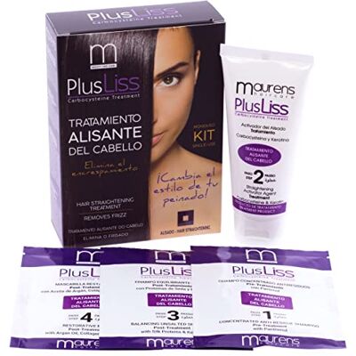 Maurens , PlusLiss Brasilianische Haarglättung, Haarbehandlung auf Basis von Keratin und Carbocystein, natürliche Glättung, kontrolliert das Volumen und beseitigt Frizz, Set zur Anwendung zu Hause Maurens , PlusLiss Brasilianische Haarglättung, Haarbehandlung auf Basis von Keratin und Carbocystein, natürliche Glättung, kontrolliert das Volumen und beseitigt Frizz, Set zur Anwendung zu Hause