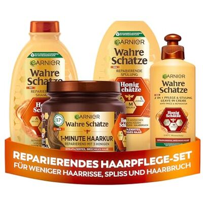 Garnier Wahre Schätze Haarpflege-Set Honig-Schätze, reparierend, für geschädigtes Haar, mit Shampoo, Spülung, 1-Minute Haarkur,Leave-In, 4-teilig Garnier Wahre Schätze Haarpflege-Set Honig-Schätze, reparierend, für geschädigtes Haar, mit Shampoo, Spülung, 1-Minute Haarkur,Leave-In, 4-teilig