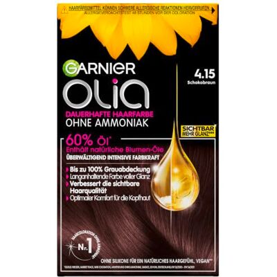 Garnier Olia Dauerhafte Haarfarbe 4.15 Schokobraun, ohne Ammoniak, permanente Coloration, bis zu 100% Grauabdeckung, langanhaltende Farbe bis zu 8 Wochen, intensiver Glanz, 3 x 1Stk. Garnier Olia Dauerhafte Haarfarbe 4.15 Schokobraun, ohne Ammoniak, permanente Coloration, bis zu 100% Grauabdeckung, langanhaltende Farbe bis zu 8 Wochen, intensiver Glanz, 3 x 1Stk.
