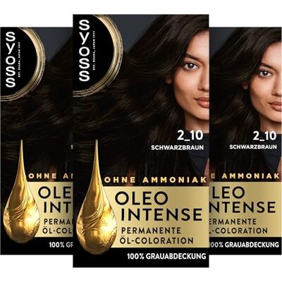 Syoss Oleo Intense Öl-Coloration 2-10 Schwarzbraun (3x130 ml), dauerhafte Haarfarbe mit pflegendem Öl schützt vor Haarschäden, für 100% Grauabdeckung, Coloration ohne Ammoniak Syoss Oleo Intense Öl-Coloration 2-10 Schwarzbraun (3x130 ml), dauerhafte Haarfarbe mit pflegendem Öl schützt vor Haarschäden, für 100% Grauabdeckung, Coloration ohne Ammoniak