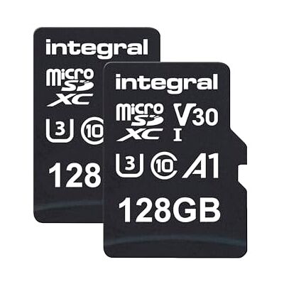 Integral 128GB Doppelpack microSD-Karten, Premium High-Speed, 4K-Video, 100MB/s Lesen, 50MB/s Schreiben, UHS-I, U3, V30, Klasse 10, A1 – für Smartphones, Tablets, Drohnen, Spielkonsolen. Integral 128GB Doppelpack microSD-Karten, Premium High-Speed, 4K-Video, 100MB/s Lesen, 50MB/s Schreiben, UHS-I, U3, V30, Klasse 10, A1 – für Smartphones, Tablets, Drohnen, Spielkonsolen.