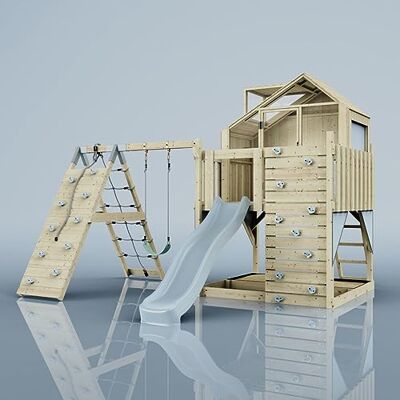 Rebo Outdoor Spielturm mit Wellenrutsche, Spielhaus aus Holz mit Kletterwand, Kletternetz,Eisblau Rebo Outdoor Spielturm mit Wellenrutsche, Spielhaus aus Holz mit Kletterwand, Kletternetz,Eisblau
