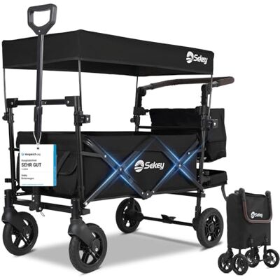 Sekey Bollerwagen Faltbar mit Dach SS5050, Kinderwagen für 1-2 Kinder Klappbarer Handwagen mit PU-Rädern (Ø 19 cm) mit Bremse, Transportwagen mit Schiebe- und Ziehgriff, Schwarz Sekey Bollerwagen Faltbar mit Dach SS5050, Kinderwagen für 1-2 Kinder Klappbarer Handwagen mit PU-Rädern (Ø 19 cm) mit Bremse, Transportwagen mit Schiebe- und Ziehgriff, Schwarz