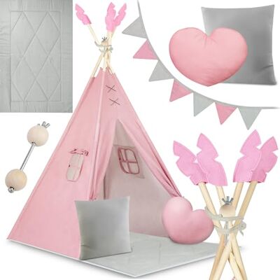 Nukido Spielzelt für Kinder Teepee Spielhaus mit Holzrahmen, Halterung und Baumwollbezug Großes Set mit Kissen, weicher Spielmatte, Fensterrollo, Girlande Faltbar Rosa, Grau Nukido Spielzelt für Kinder Teepee Spielhaus mit Holzrahmen, Halterung und Baumwollbezug Großes Set mit Kissen, weicher Spielmatte, Fensterrollo, Girlande Faltbar Rosa, Grau