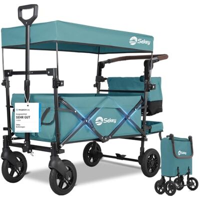 Sekey Bollerwagen Faltbar mit Dach SS5050, Kinderwagen für 1-2 Kinder Klappbarer Handwagen mit PU-Rädern (Ø 19 cm) mit Bremse, Transportwagen mit Schiebe- und Ziehgriff, Dunkelgrün Sekey Bollerwagen Faltbar mit Dach SS5050, Kinderwagen für 1-2 Kinder Klappbarer Handwagen mit PU-Rädern (Ø 19 cm) mit Bremse, Transportwagen mit Schiebe- und Ziehgriff, Dunkelgrün
