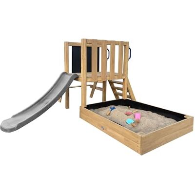 AXI Leah Mini Spielturm aus Holz in Braun mit Grauer Rutsche Kleiner Spielplatz & Kletterturm für Kinder mit Sandkasten, Picknicktisch & Kreidetafel, FSC Holz, Podesthöhe: 58 cm AXI Leah Mini Spielturm aus Holz in Braun mit Grauer Rutsche Kleiner Spielplatz & Kletterturm für Kinder mit Sandkasten, Picknicktisch & Kreidetafel, FSC Holz, Podesthöhe: 58 cm