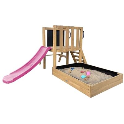 AXI Leah Mini Spielturm aus Holz in Braun mit Lila Rutsche Kleiner Spielplatz & Kletterturm für Kinder mit Sandkasten, Picknicktisch & Kreidetafel, FSC Holz, Podesthöhe: 58 cm AXI Leah Mini Spielturm aus Holz in Braun mit Lila Rutsche Kleiner Spielplatz & Kletterturm für Kinder mit Sandkasten, Picknicktisch & Kreidetafel, FSC Holz, Podesthöhe: 58 cm