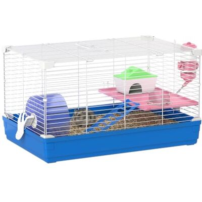 PawHut Hamster- und Rennmauskäfig, 2 Etagen, tragbar mit Griff, Blau Laufrad, Wasserflasche, Schüsseln PawHut Hamster- und Rennmauskäfig, 2 Etagen, tragbar mit Griff, Blau Laufrad, Wasserflasche, Schüsseln