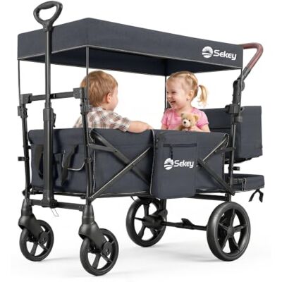 Sekey Bollerwagen Faltbar mit Dach SS8080, Kinderwagen für 1-2 Kinder Klappbarer Handwagen mit XXL Rädern (Ø 24/20 cm) mit Bremse, Transportwagen mit Schiebe- und Ziehgriff, Schwarz Sekey Bollerwagen Faltbar mit Dach SS8080, Kinderwagen für 1-2 Kinder Klappbarer Handwagen mit XXL Rädern (Ø 24/20 cm) mit Bremse, Transportwagen mit Schiebe- und Ziehgriff, Schwarz