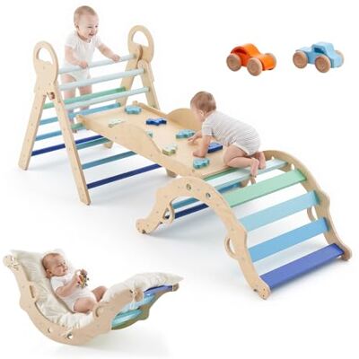 VEVOR Kletterdreieck, 9-in-1 Kletterspielzeug, mit Holzautos, Kissen, Kletterdreieck, Rutsche & Kletterbogen, bis 68 kg, Montessori Indoor Spielset für Kinder im Alter von 1 bis 3 Jahren, Blau VEVOR Kletterdreieck, 9-in-1 Kletterspielzeug, mit Holzautos, Kissen, Kletterdreieck, Rutsche & Kletterbogen, bis 68 kg, Montessori Indoor Spielset für Kinder im Alter von 1 bis 3 Jahren, Blau