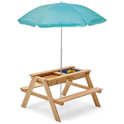 Plum Surfside Sand und Wasser Picknicktisch aus Holz mit Sonnenschirm I Sand- und Wasserbecken für Kinder I Gartenspielzeug ab 18 Monaten Plum Surfside Sand und Wasser Picknicktisch aus Holz mit Sonnenschirm I Sand- und Wasserbecken für Kinder I Gartenspielzeug ab 18 Monaten