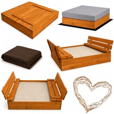 SunWood Sandkasten 100x100 cm Imprägniert Premium Sandbox mit Abdeckung Sitzbänken Deckel Plane Sandkiste Holz Kiefer Sandkastenvlies Amber-Imprägniert SunWood Sandkasten 100x100 cm Imprägniert Premium Sandbox mit Abdeckung Sitzbänken Deckel Plane Sandkiste Holz Kiefer Sandkastenvlies Amber-Imprägniert