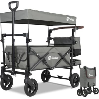 Sekey Bollerwagen Faltbar mit Dach SS5050, Kinderwagen für 1-2 Kinder Klappbarer Handwagen mit PU-Rädern (Ø 19 cm) mit Bremse, Transportwagen mit Schiebe- und Ziehgriff, Grau Sekey Bollerwagen Faltbar mit Dach SS5050, Kinderwagen für 1-2 Kinder Klappbarer Handwagen mit PU-Rädern (Ø 19 cm) mit Bremse, Transportwagen mit Schiebe- und Ziehgriff, Grau