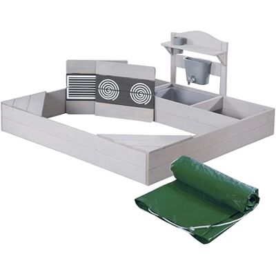 roba Sandkasten aus Holz inkl. Matschküche & Abdeckplane Sandkiste mit Spielwanne & bedruckten Herdplatten Wetterfestes Holz grau lasiert roba Sandkasten aus Holz inkl. Matschküche & Abdeckplane Sandkiste mit Spielwanne & bedruckten Herdplatten Wetterfestes Holz grau lasiert