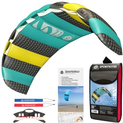 HQ Lenkmatte Symphony Beach III 1.8 Aqua ab 12 Jahre Freizeit Lenkdrachen Zweileiner Matte inkl. 70 kp Blendlineschnüre 2x25m auf Winder mit Schlaufen Drachen für Kinder und Erwachsene, 60x180cm HQ Lenkmatte Symphony Beach III 1.8 Aqua ab 12 Jahre Freizeit Lenkdrachen Zweileiner Matte inkl. 70 kp Blendlineschnüre 2x25m auf Winder mit Schlaufen Drachen für Kinder und Erwachsene, 60x180cm