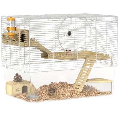 PawHut Hamsterkäfig mit 3 Ebenen, Nagetierkäfig mit Laufrad, Tiefe transparente Platte, Hütten, Rampen, Wasserflasche, Futternapf, Sandkasten, 59 x 35,5 x 47 cm, Weiß PawHut Hamsterkäfig mit 3 Ebenen, Nagetierkäfig mit Laufrad, Tiefe transparente Platte, Hütten, Rampen, Wasserflasche, Futternapf, Sandkasten, 59 x 35,5 x 47 cm, Weiß