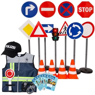 alldoro Polizei & Verkehrs-Rollenspielset, Polizei Kostüm, Ampel & Zubehör 4 Pylonen, 10 Verkehrsschilder mit befüllbarem Standfuß, Spielzeugampel mit Licht & Sound, für Kinder ab 3 Jahren alldoro Polizei & Verkehrs-Rollenspielset, Polizei Kostüm, Ampel & Zubehör 4 Pylonen, 10 Verkehrsschilder mit befüllbarem Standfuß, Spielzeugampel mit Licht & Sound, für Kinder ab 3 Jahren