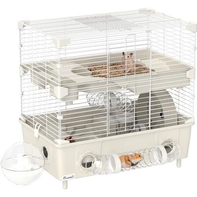 PawHut 2-stöckiger Hamsterkäfig, 3 Türen, Leises Laufrad, Creme Einstreu, Spielröhren, Hamsterkäfig, Stahl, PS & PP, 44,5x28x44 cm. PawHut 2-stöckiger Hamsterkäfig, 3 Türen, Leises Laufrad, Creme Einstreu, Spielröhren, Hamsterkäfig, Stahl, PS & PP, 44,5x28x44 cm.