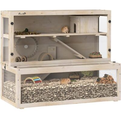 PawHut Hamsterkäfig aus Holz für Zwerghamster 100 x 50 x 84 cm Naturholz Nagerkäfig, 3 Etagen Kleintierkäfig, Sichtfenster, Laufrad, Rampe, Häuschen, Mäusekäfig PawHut Hamsterkäfig aus Holz für Zwerghamster 100 x 50 x 84 cm Naturholz Nagerkäfig, 3 Etagen Kleintierkäfig, Sichtfenster, Laufrad, Rampe, Häuschen, Mäusekäfig