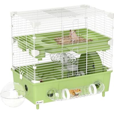 PawHut Hamsterkäfig mit 2 Ebenen, Lebensraum für kleine Nager mit Laufrad, Sandbad, Röhrensystem, für Zwerghamster, 44,5 x 28 x 44 cm, grün PawHut Hamsterkäfig mit 2 Ebenen, Lebensraum für kleine Nager mit Laufrad, Sandbad, Röhrensystem, für Zwerghamster, 44,5 x 28 x 44 cm, grün