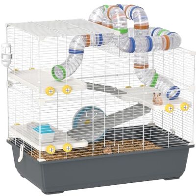 PawHut Hamsterkäfig 4 Etagen mit Laufrad für Hamster 78 x 45 x 73 cm Grau Nagerkäfig, Kleintierkäfig, Futternapf, Tunnel, Hütte, Obertür, Kleintierstall Käfig, für Syrischer Hamster PawHut Hamsterkäfig 4 Etagen mit Laufrad für Hamster 78 x 45 x 73 cm Grau Nagerkäfig, Kleintierkäfig, Futternapf, Tunnel, Hütte, Obertür, Kleintierstall Käfig, für Syrischer Hamster