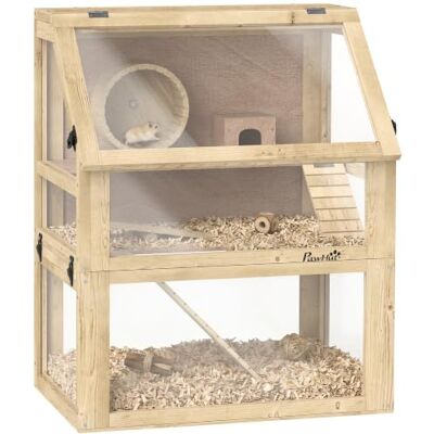 PawHut 3-Ebenen Holzhamsterkäfig 60x40x75cm Naturholz Herausnehmbarer Boden zur einfachen Reinigung, abnehmbarer Deckel, Haus, Schaukel, Laufrad & Rampen PawHut 3-Ebenen Holzhamsterkäfig 60x40x75cm Naturholz Herausnehmbarer Boden zur einfachen Reinigung, abnehmbarer Deckel, Haus, Schaukel, Laufrad & Rampen