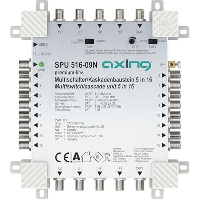 Axing SPU 516-09N Multischalter 16 Teilnehmer Kaskadierbar SAT aktiv Quad-LNB-tauglich Kabel TV Energiespar-Schaltung Axing SPU 516-09N Multischalter 16 Teilnehmer Kaskadierbar SAT aktiv Quad-LNB-tauglich Kabel TV Energiespar-Schaltung