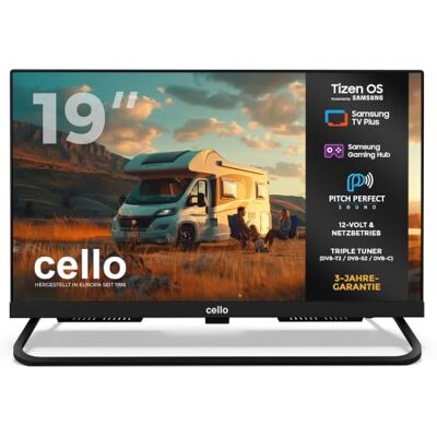 Cello CTRAV-19TZ 19 Zoll Smart-TV, 12 V/230 V, Tizen OS von Samsung, Gaming Hub, Bluetooth, Triple-Tuner, Pitch Perfect Sound, für Wohnmobile Cello CTRAV-19TZ 19 Zoll Smart-TV, 12 V/230 V, Tizen OS von Samsung, Gaming Hub, Bluetooth, Triple-Tuner, Pitch Perfect Sound, für Wohnmobile