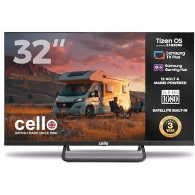 Cello CTRAV-32TZ 32 Zoll Smart-TV, 12 V/230 V, Tizen OS von Samsung, Gaming Hub, Bluetooth, Triple-Tuner, Pitch Perfect Sound, für Wohnmobile Cello CTRAV-32TZ 32 Zoll Smart-TV, 12 V/230 V, Tizen OS von Samsung, Gaming Hub, Bluetooth, Triple-Tuner, Pitch Perfect Sound, für Wohnmobile