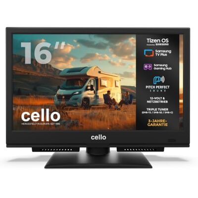 Cello CTRAV-16TZ 16 Zoll Smart-TV, 12 V/230 V, Tizen OS von Samsung, Bluetooth, Triple-Tuner, Pitch Perfect Sound, für Campervans, LKW und Boote Cello CTRAV-16TZ 16 Zoll Smart-TV, 12 V/230 V, Tizen OS von Samsung, Bluetooth, Triple-Tuner, Pitch Perfect Sound, für Campervans, LKW und Boote