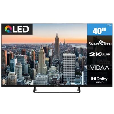Smart Tech 40QV02V QLED Fernseher 40 Zoll VIDAA Smart TV Full HD Auflösung Dolby Digital Plus 3x HDMI 2x USB Hotelmodus Frameless Design Triple-Tuner DVB-C/-S2/-T2 Modelljahr 2026 Smart Tech 40QV02V QLED Fernseher 40 Zoll VIDAA Smart TV Full HD Auflösung Dolby Digital Plus 3x HDMI 2x USB Hotelmodus Frameless Design Triple-Tuner DVB-C/-S2/-T2 Modelljahr 2026