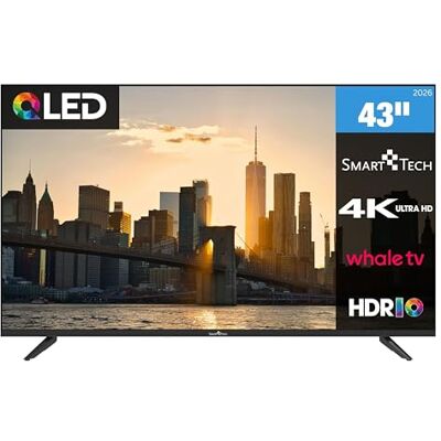 Smart Tech 43QH02V QLED Fernseher 43 Zoll Smart TV 4K UHD Auflösung und HDR Whale TV Dolby Audio 3x HDMI 2x USB Bluetooth Frameless Design Triple-Tuner DVB-C/-S2/-T2 Modelljahr 2026 Smart Tech 43QH02V QLED Fernseher 43 Zoll Smart TV 4K UHD Auflösung und HDR Whale TV Dolby Audio 3x HDMI 2x USB Bluetooth Frameless Design Triple-Tuner DVB-C/-S2/-T2 Modelljahr 2026
