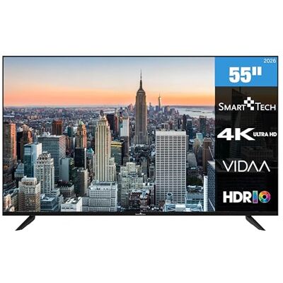 Smart Tech 55QV02K QLED Fernseher 55 Zoll VIDAA Smart TV 4K UHD Auflösung HDR Dolby Audio 3x HDMI, 2x USB Bluetooth Frameless Design Miracast Triple-Tuner DVB-C/-S2/-T2 Modelljahr 2026 Smart Tech 55QV02K QLED Fernseher 55 Zoll VIDAA Smart TV 4K UHD Auflösung HDR Dolby Audio 3x HDMI, 2x USB Bluetooth Frameless Design Miracast Triple-Tuner DVB-C/-S2/-T2 Modelljahr 2026