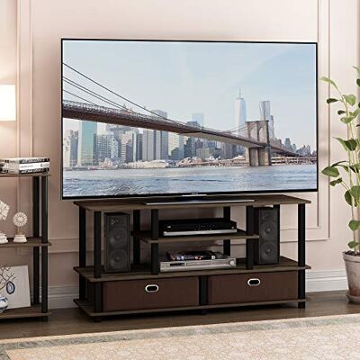 Furinno Jaya 4-stöckiges Entertainment-Center mit offenem Regal, TV-Konsole für Fernseher bis zu 55 Zoll mit 2 Ablagefächern, werkzeuglose Montage, für Wohnzimmer, Schlafzimmer, braunes Walnussholz Furinno Jaya 4-stöckiges Entertainment-Center mit offenem Regal, TV-Konsole für Fernseher bis zu 55 Zoll mit 2 Ablagefächern, werkzeuglose Montage, für Wohnzimmer, Schlafzimmer, braunes Walnussholz