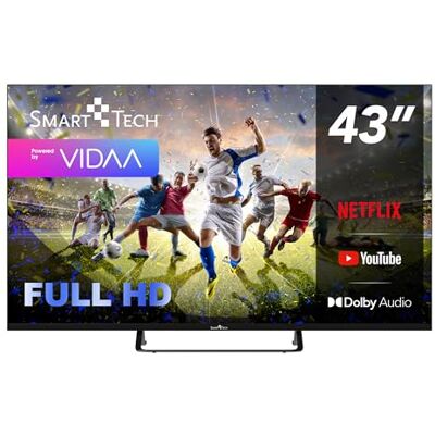 Smart Tech 43FV02V Fernseher 43 Zoll Smart TV VIDAA mit Full HD Auflösung Dolby Audio 3x HDMI 2x USB Bluetooth Frameless Design Miracast Triple-Tuner DVB-C/-S2/-T2 Modelljahr 2026 Smart Tech 43FV02V Fernseher 43 Zoll Smart TV VIDAA mit Full HD Auflösung Dolby Audio 3x HDMI 2x USB Bluetooth Frameless Design Miracast Triple-Tuner DVB-C/-S2/-T2 Modelljahr 2026