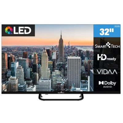 Smart Tech 32QV02V QLED Fernseher 32 Zoll VIDAA Smart TV mit HD Auflösung Dolby Digital Plus 3x HDMI 2x USB Hotelmodus Frameless Design Triple-Tuner DVB-C/-S2/-T2 Modelljahr 2026 Smart Tech 32QV02V QLED Fernseher 32 Zoll VIDAA Smart TV mit HD Auflösung Dolby Digital Plus 3x HDMI 2x USB Hotelmodus Frameless Design Triple-Tuner DVB-C/-S2/-T2 Modelljahr 2026