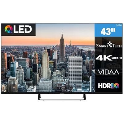 Smart Tech 43QV02V QLED Fernseher 43 Zoll VIDAA Smart TV 4K UHD Auflösung HDR Dolby Audio 3x HDMI, 2x USB Bluetooth Frameless Design Miracast Triple-Tuner DVB-C/-S2/-T2 Modelljahr 2026 Smart Tech 43QV02V QLED Fernseher 43 Zoll VIDAA Smart TV 4K UHD Auflösung HDR Dolby Audio 3x HDMI, 2x USB Bluetooth Frameless Design Miracast Triple-Tuner DVB-C/-S2/-T2 Modelljahr 2026