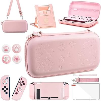 OLDZHU Rosa Reisezubehör Set Kompatibel mit Nintendo Switch,10 in 1 mit Rosa Tragetasche für die Switch,harter Schutzhülle,Glas-Displayschutzfolie,verstellbarer Ständer und Daumengriffkappen OLDZHU Rosa Reisezubehör Set Kompatibel mit Nintendo Switch,10 in 1 mit Rosa Tragetasche für die Switch,harter Schutzhülle,Glas-Displayschutzfolie,verstellbarer Ständer und Daumengriffkappen
