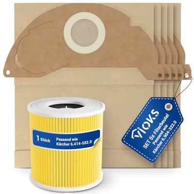 VIOKS 5x Beutel + Patronenfilter Ersatz für Kärchеr 6.904-322.0 6.414-552.0 Staubsaugerbeutel, Filter, für Staubsauger Nass Trockensauger WD1 WD2 WD3 WD4 VIOKS 5x Beutel + Patronenfilter Ersatz für Kärchеr 6.904-322.0 6.414-552.0 Staubsaugerbeutel, Filter, für Staubsauger Nass Trockensauger WD1 WD2 WD3 WD4