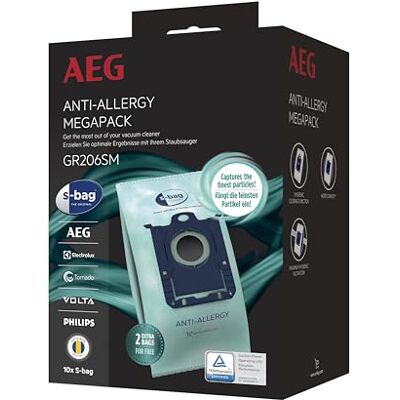 AEG GR206SM S-Bag Staubbeutel Anti-Allergy MegaPack, 8+2 Synthetik Staubsaugerbeutel für Dauerhaft Hohe Saugleistung, reduziert Pollen, Milben & Allergene, Für Allergiker, Beutelsauger AEG GR206SM S-Bag Staubbeutel Anti-Allergy MegaPack, 8+2 Synthetik Staubsaugerbeutel für Dauerhaft Hohe Saugleistung, reduziert Pollen, Milben & Allergene, Für Allergiker, Beutelsauger
